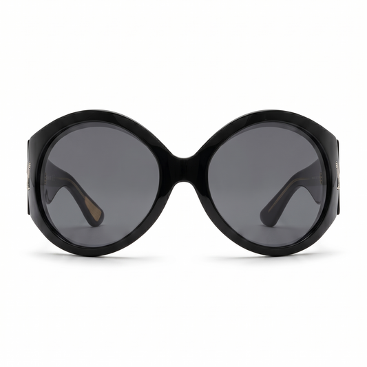 Black sunglasses with dark lenses on a white background
