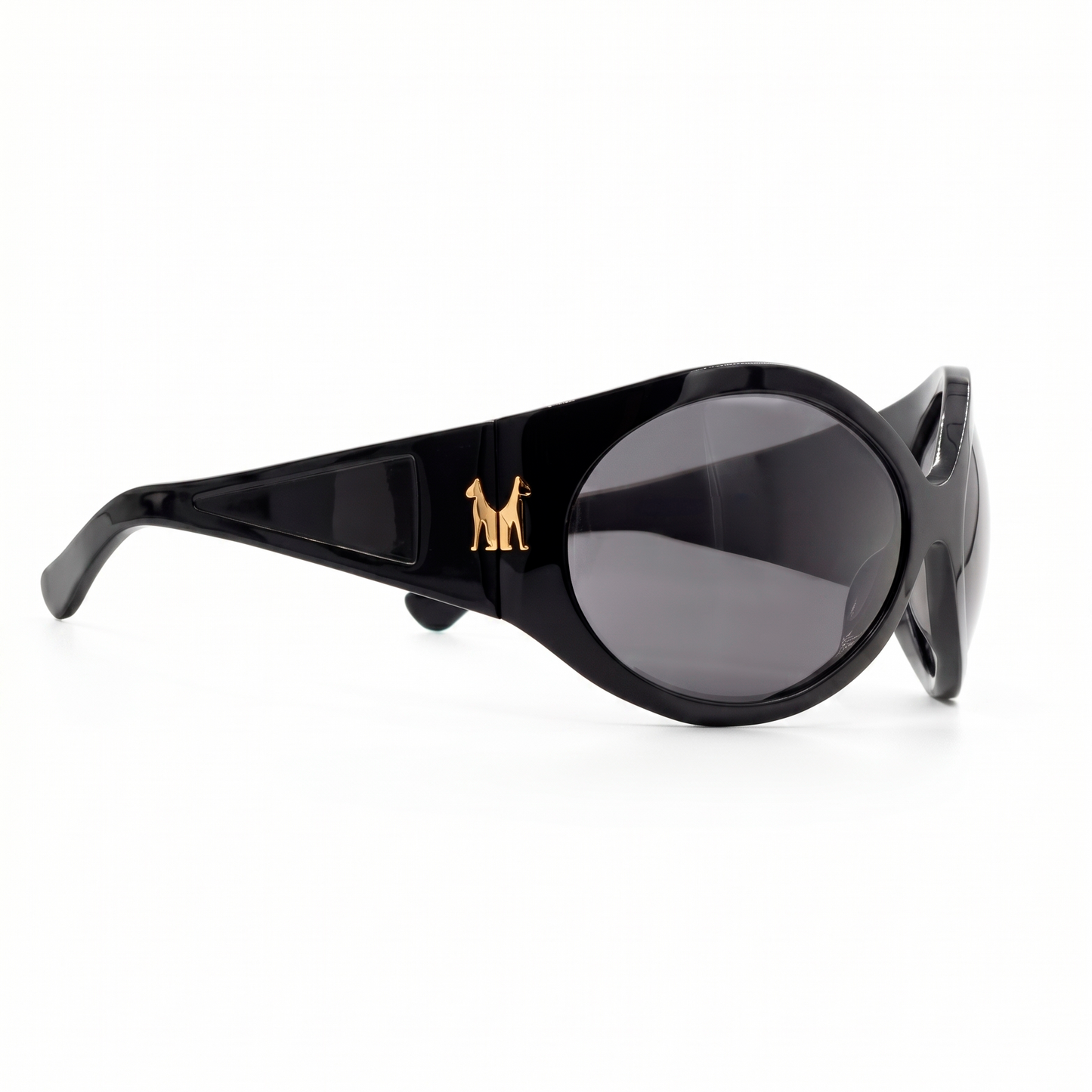 Black sunglasses with a logo on the frame against a white background