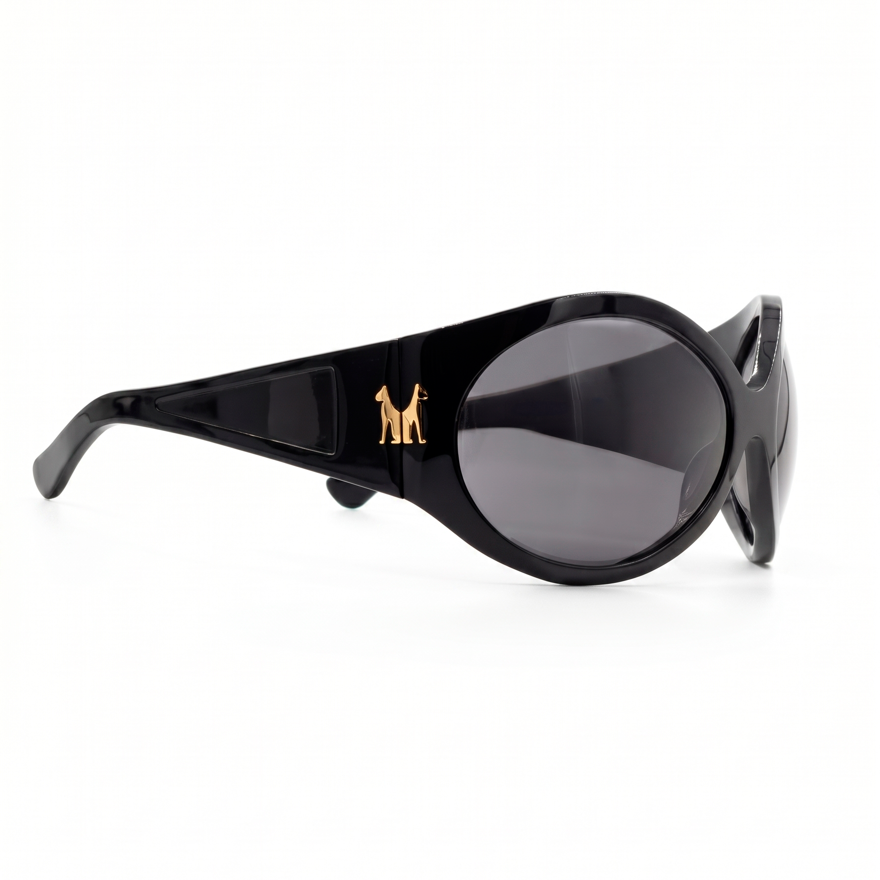 Black sunglasses with a logo on the frame against a white background